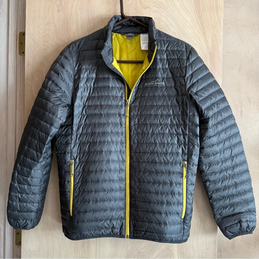 Eddie Bauer EB650 Packable Down Puffer Jacket Mens Small Gray Yellow NWOT
